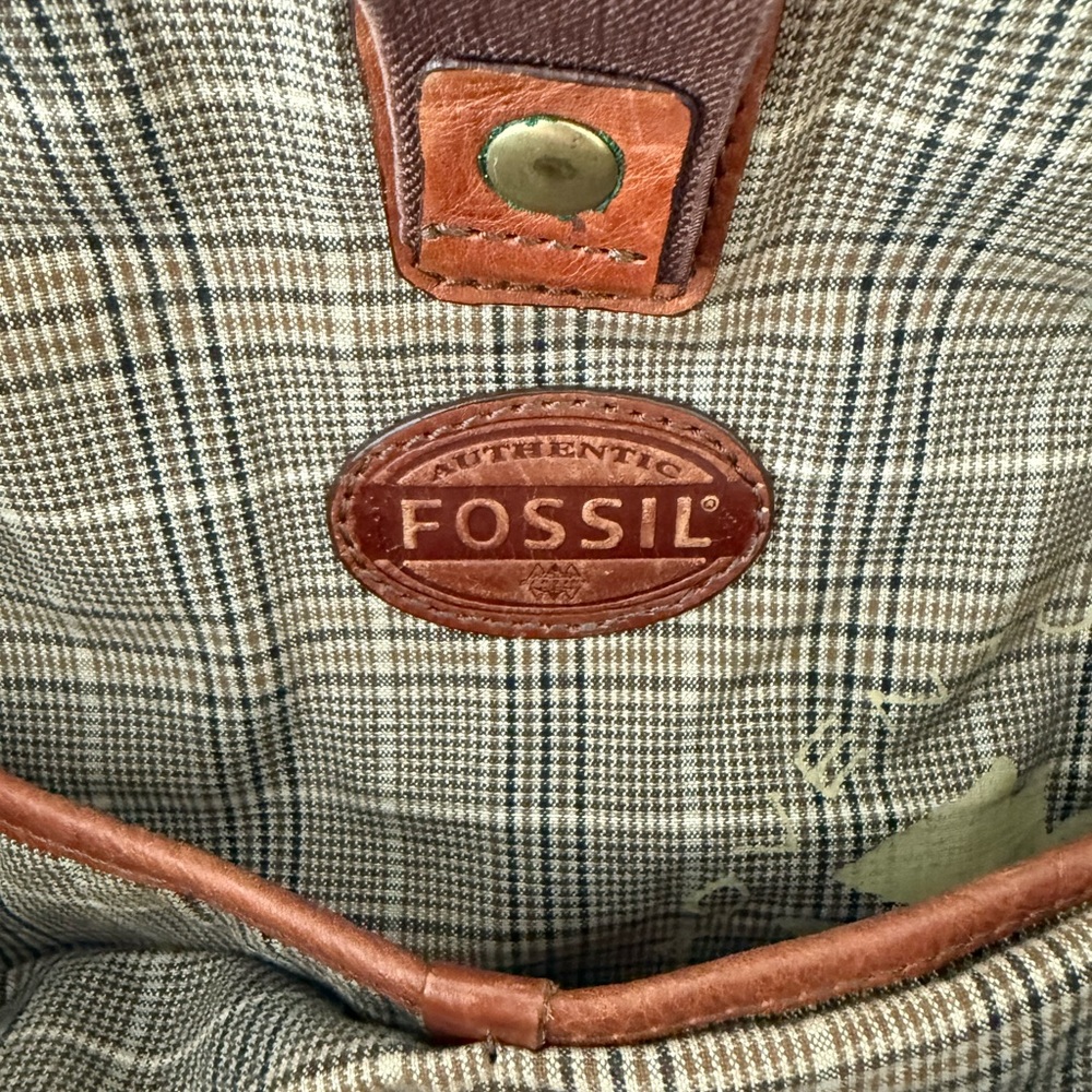 Fossil Brown Leather-Trim Plaid Backpack